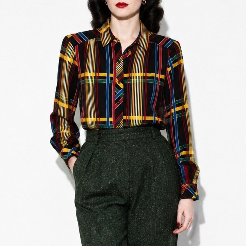 70s Vintage Rainbow Plaid Blouse Womens M Madras Western Button Front Cotton Top